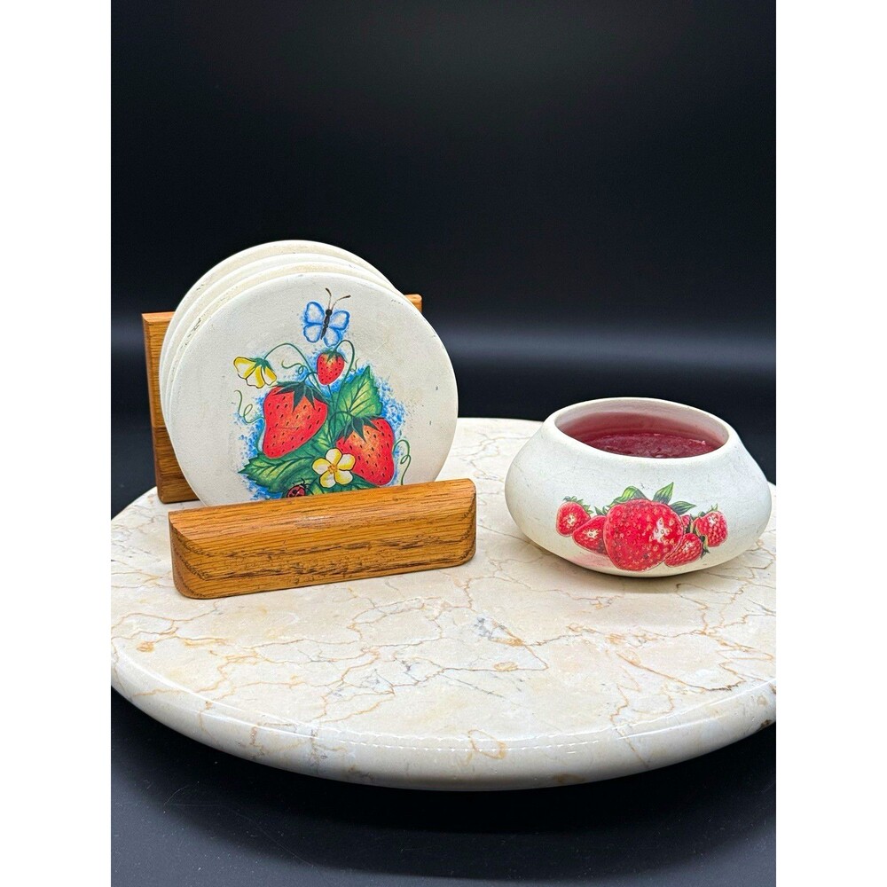 Vintage strawberry bundle 4 coasters and a candle